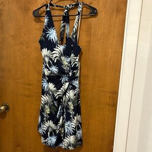 415. Tommy Bahama Navy Blue Tropical Palm Backless Dress